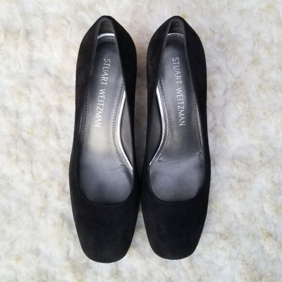 Classic Square Toe Pumps Stuart Weitzman Marymid Size 5 Black Suede Leather Heel - Picture 11 of 13